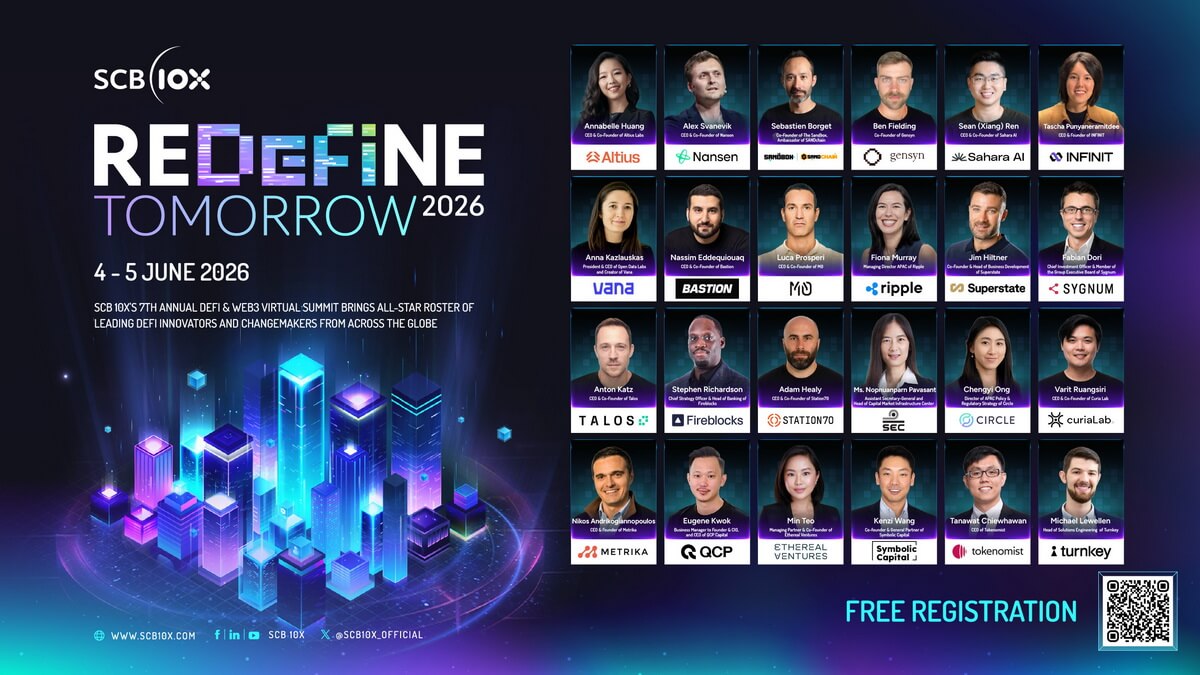 “SCB 10X” ประกาศจัดงาน “REDeFiNE TOMORROW 2026” เวทีสัมมนา DeFi & Web3 ระดับโลก ครั้งที่ 7