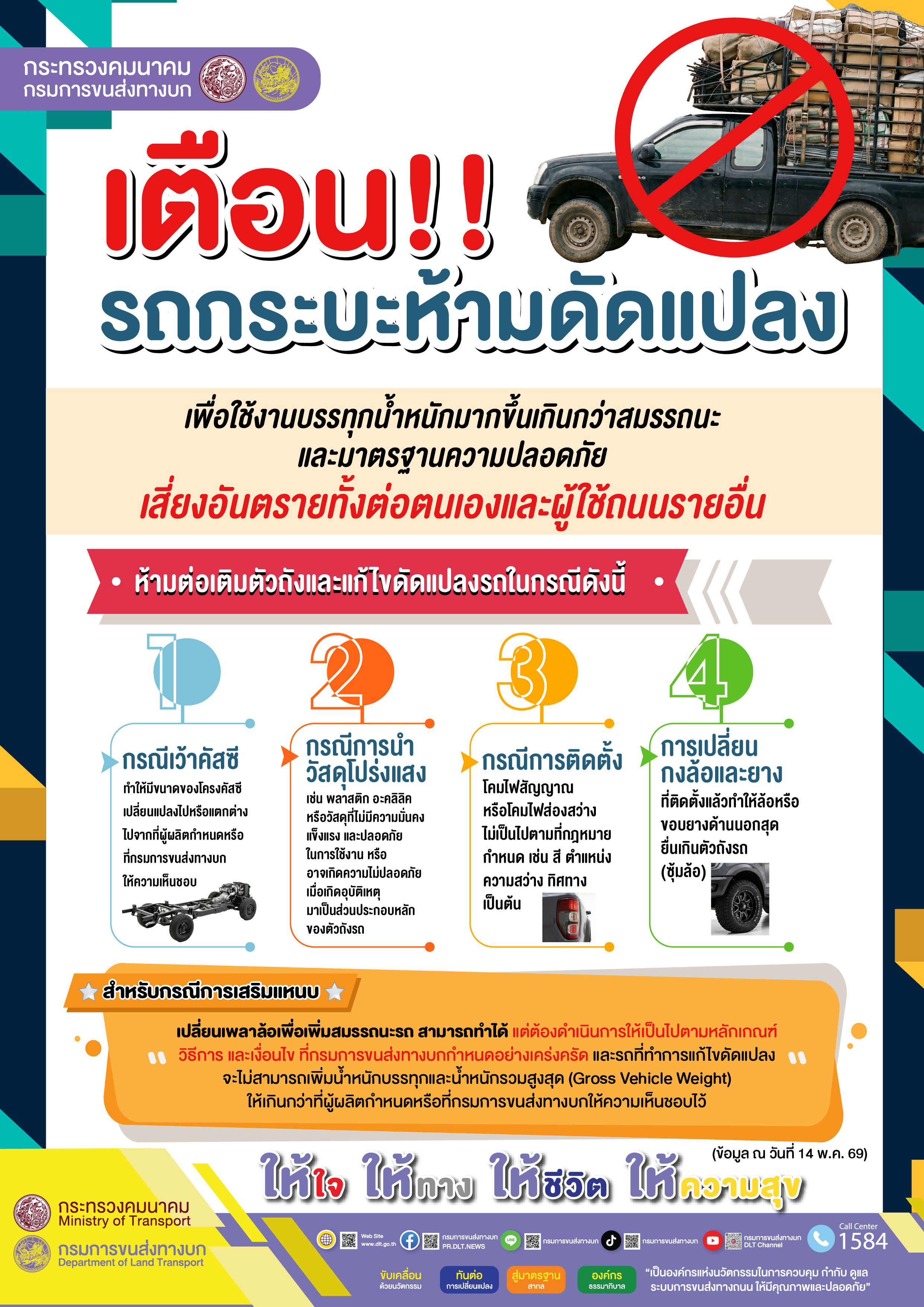 “กรมการขนส่งทางบก” เตือน!! รถกระบะห้ามดัดแปลงเพื่อใช้งานบรรทุกน้ำหนักมากขึ้น เกินกว่าสมรรถนะและมาตรฐานความปลอดภัย เสี่ยงอันตรายทั้งต่อตนเองและผู้ใช้ถนนรายอื่น