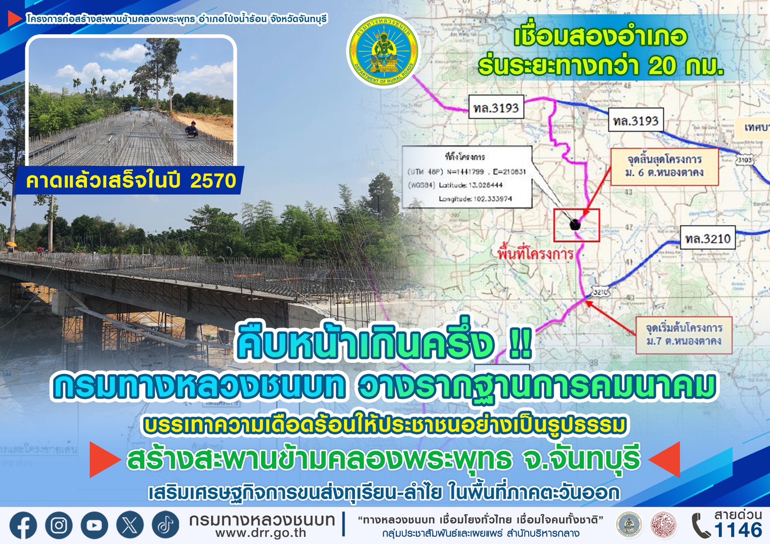 คืบหน้าเกินครึ่ง! สร้างสะพานข้ามคลองพระพุทธ จ.จันทบุรี เชื่อมสองอำเภอ ร่นระยะทางกว่า 20 กม.