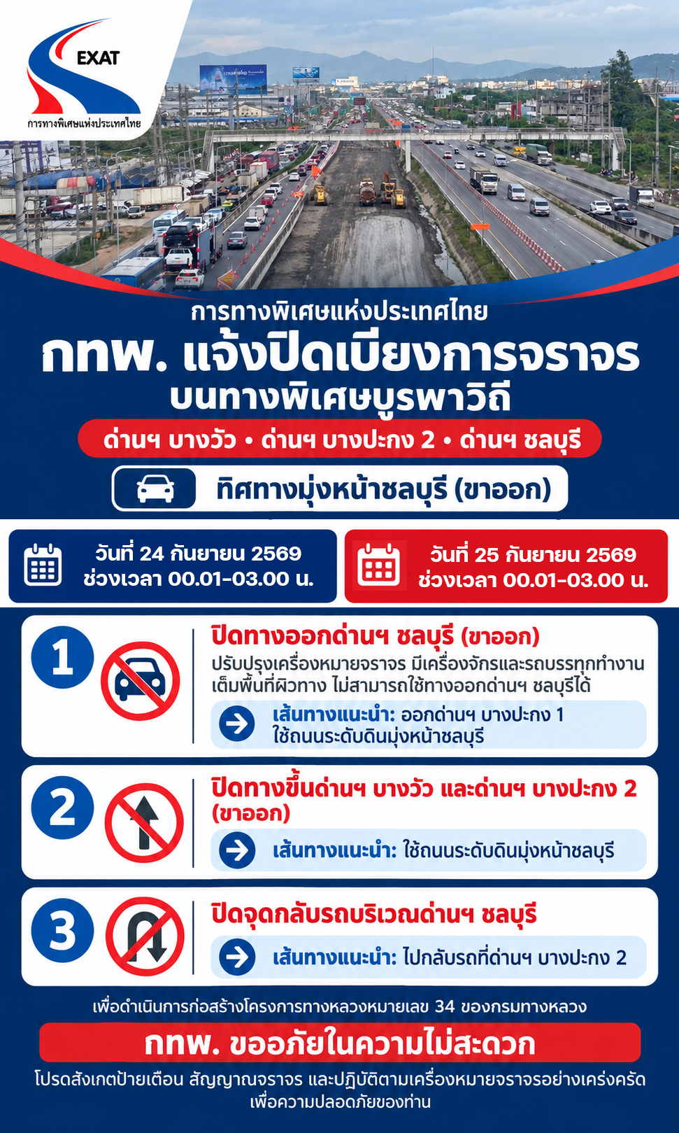 “กทพ.” แจ้งปิดเบี่ยงการจราจรบนทางพิเศษบูรพาวิถี ด่านฯ บางวัว ด่านฯ บางปะกง 2 และด่านฯ ชลบุรีช่วงเวลา 00.01-03.00 น. วันที่ 24 และวันที่ 25 กันยายน 2569 เพื่อดำเนินการก่อสร้างโครงการก่อสร้างทางหลวงหมายเลข 34 ของกรมทางหลวง